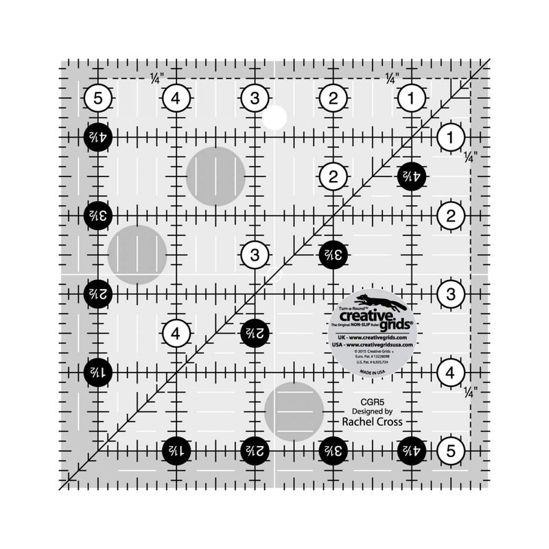 Creative Grids Quilt Ruler 5-1/2in x 5-1/2in Square â€“ CGR5 â€“ Made in USA, Non-Slip Grip Acrylic Quilting, Sewing, Crafting, Patchwork Ruler for Measuring & Cutting Fabric - Image 1